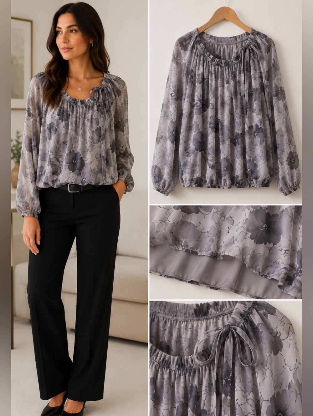 GIUSY Italy 100% Silk Gray Floral Blouse S Sheer Boho Romantic Quiet Luxury
